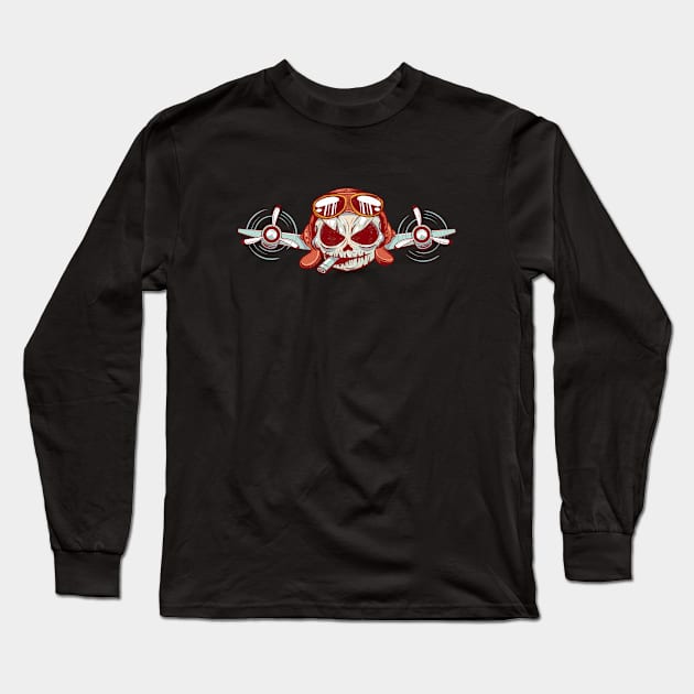 Two Tailed Tom - Twin Engine Pilot Skull Long Sleeve T-Shirt by Two Tailed Tom